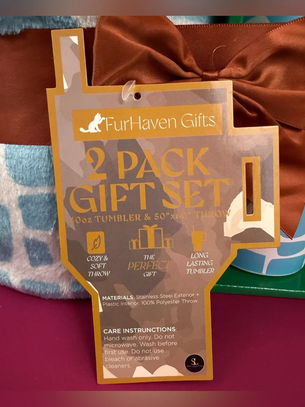 Blue Giraffe Pattern 2-Piece 40 oz. Tumbler &  50”x60” Cozy Throw Gift Set